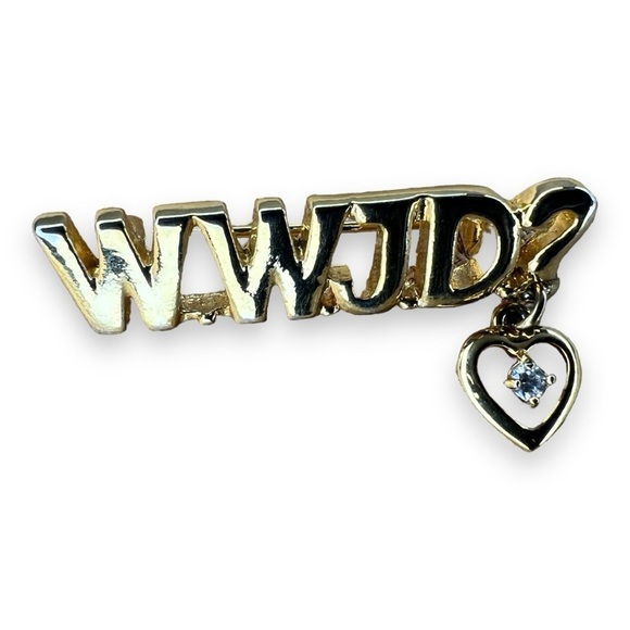 VINTAGE 90s WWJD GOLD BROOCH HEART RHINESTONE ACCENT GIFT RELIGIOUS - Picture 1 of 9